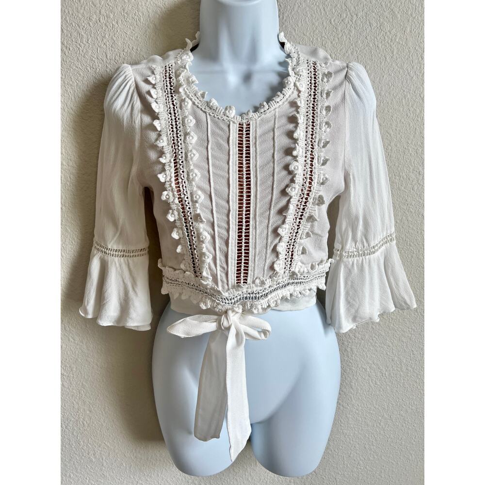 For Love and Lemons Willow Boho Off White Crop Top Women's S Crochet Tie Front - Picture 2 of 9